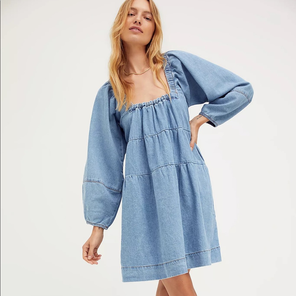 Free People Lou Jean Babydoll Dress in Light Blue